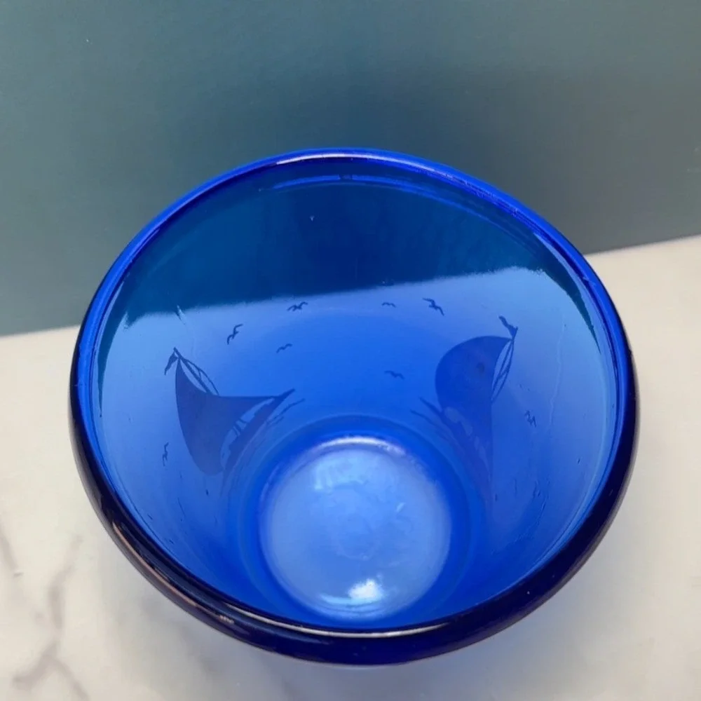 Vintage Hazel Atlas Cobalt Blue Glass Sailboat Ice Bucket Cocktail Mixer